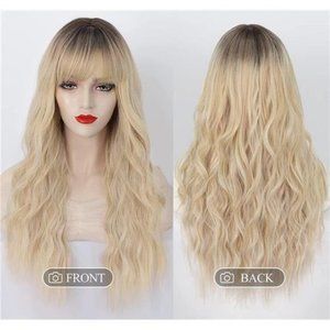 LONG Curly Wavy Synthetic Hair Wigs with Bangs for Women Light Golden Mix Blonde